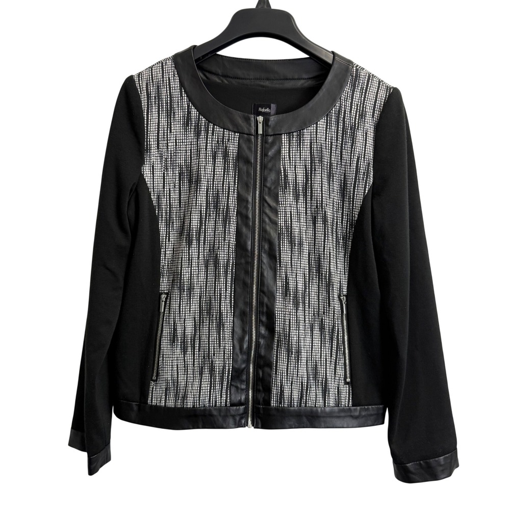 Rafaella Womens 8P Black White Patterned Zip Front Jacket Faux Leather Trim